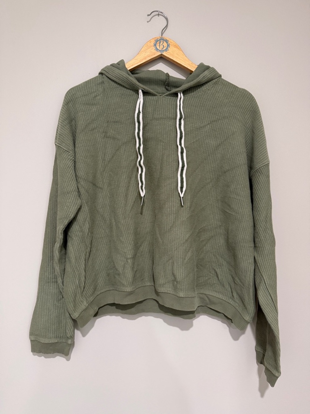 aerie Olive Waffle Hoodie with White Drawcords